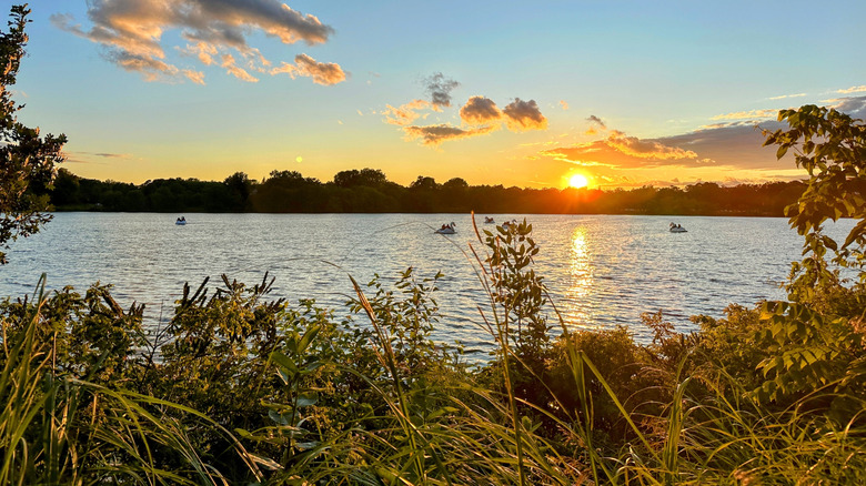Three peddleboats on Como Lake in Ramsey County, Minnesota, at sunset