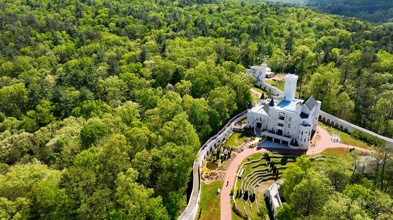 An aerial view of gleaming-white Uhuburg Castel near Helen, White County, Georgia