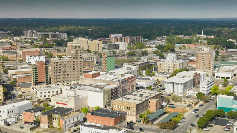 Aerial view of Meridian's cityscape and surrounding forest in Lauderdale County, Mississippi.