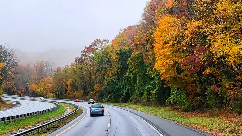 Interstate 26 surrounded by trees with autumn colors in Polk County, North Carolina