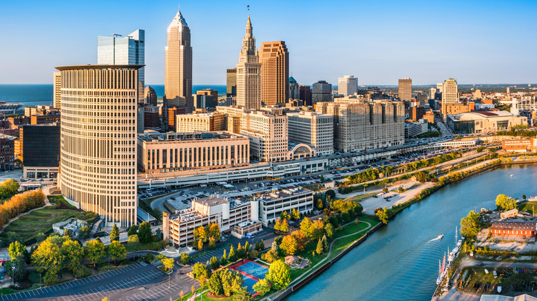 Downtown Cleveland, with the Cuyahoga River lined by a park and trees