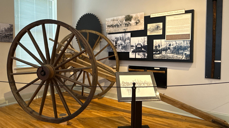 A historical exhibit showcasing old farming tools at Horry County Museum in Conway, Horry County.