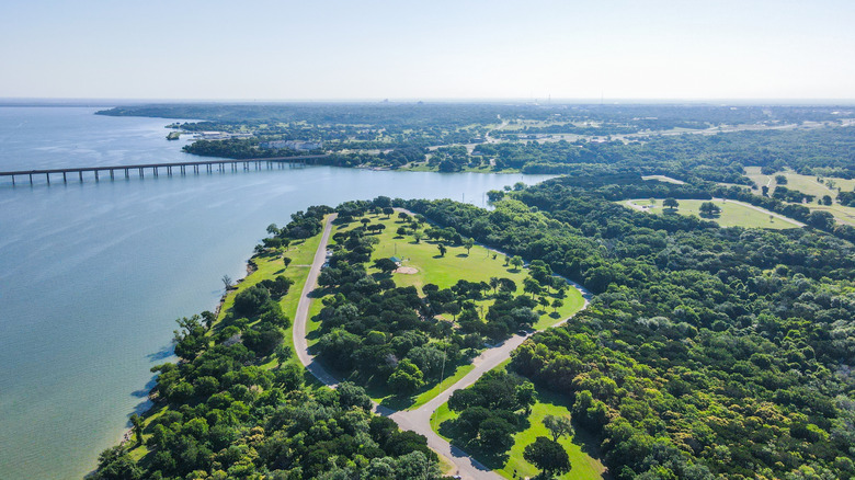 Aerial view of Lake Waco and Woodway Park in Texas.
