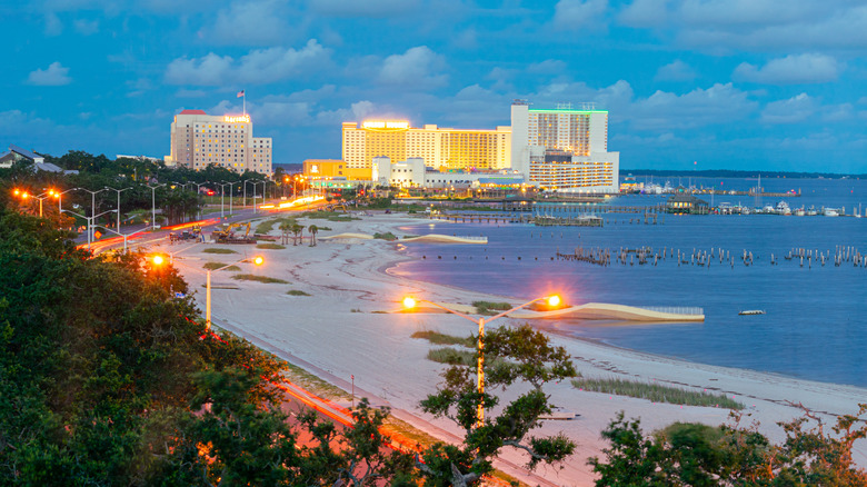 The casinos of Biloxi at night along the Gulf Coast