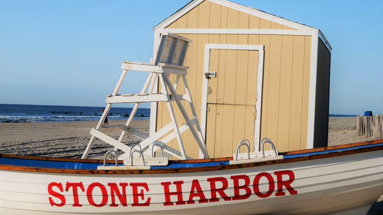 A beach patrol boat near the lifeguard stand on the beach in Stone Harbor, New Jersey