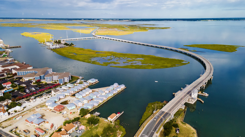 Aerial view of Chincoteague, with homes and a large blue building
