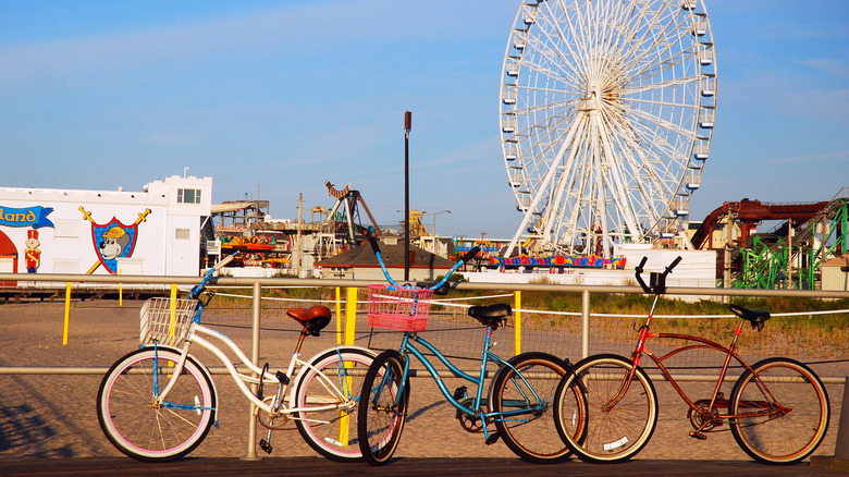 Bikes chained up to the boardwalk in Ocean City, NJ