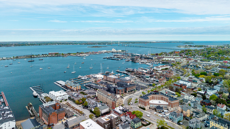 Aerial view of Newport, Rhode Island, and the surrounding sea