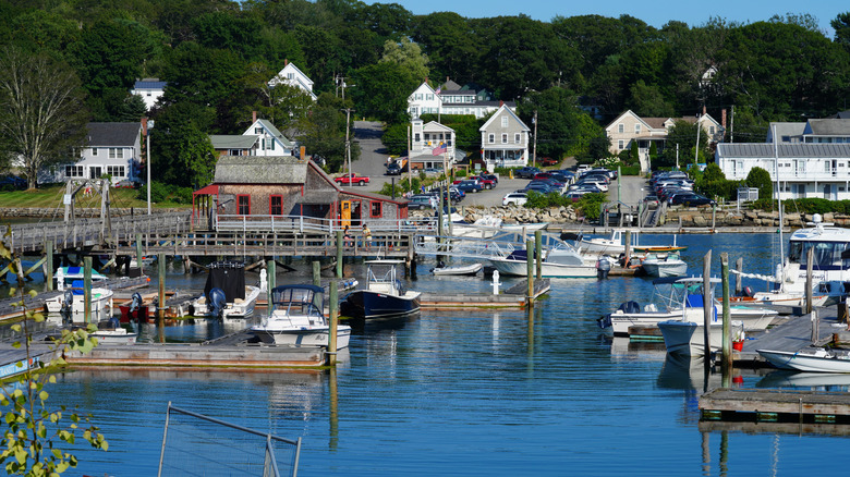 Houses, boats and trees on or near the water at the marina in Boothbay Harbor in Lincoln County.