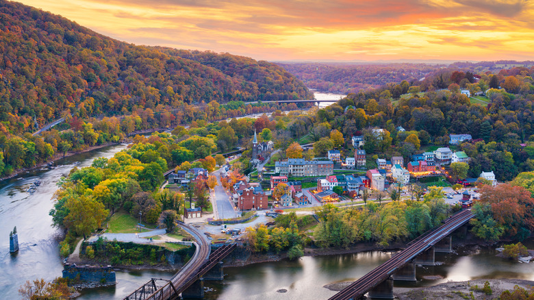 An aerial view of Harper's Ferry, West Virginia at sunset