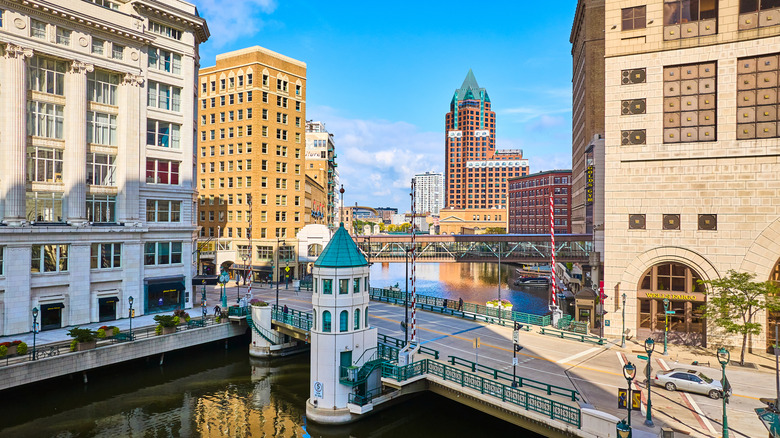 A look at the buildings and historic architecture in downtown Milwaukee on a bright day