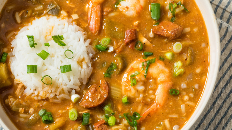 Cajun-style gumbo with shrimps and white rice, one of Louisiana's most famous dishes