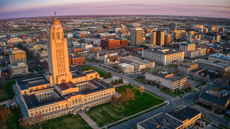 Buildings in downtown Lincoln, Nebraska, at twilight