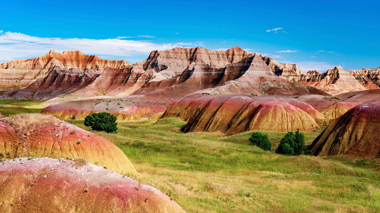 The colorful landscape of Badlands National Park near the town of Wall in Pennington County, South Dakota
