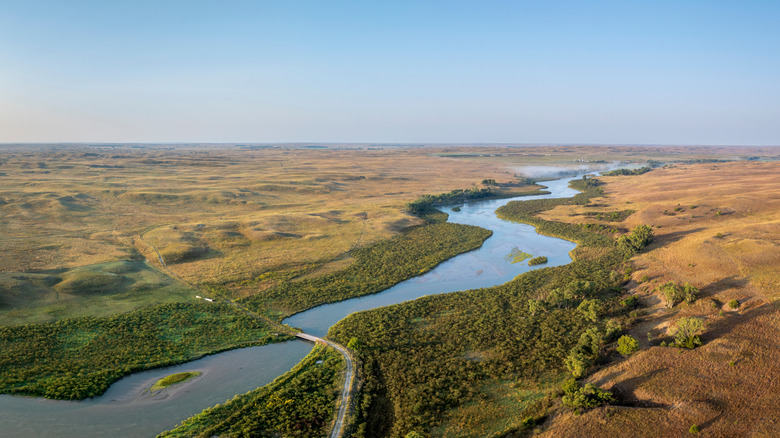 Aerial shot of the Dismal River and Nebraska Sandhills at Nebraska National Forest