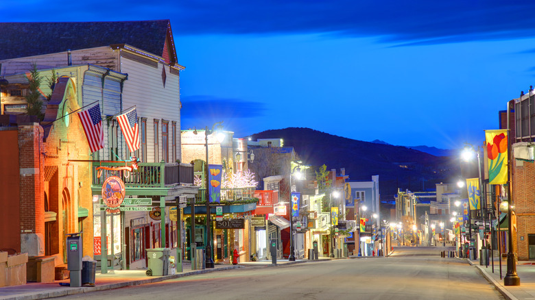 An evening street scene in the resort town of Park City, Utah