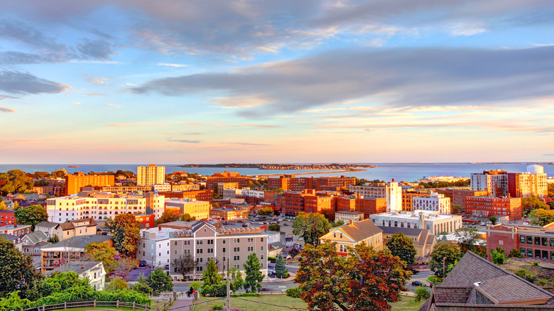 View of Lynn's buildings and houses overlooking the waters of Nahant Bay and Broad Sound in Massachusetts
