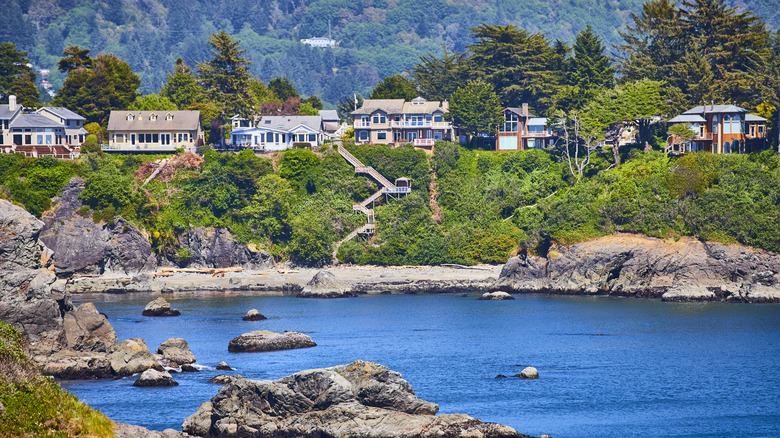 Oceanfront homes along a cove in Brookings, Oregon