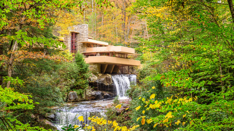 The historic Fallingwater house surrounded by lush autumn foliage in Mill Run, a tiny community in Fayette County, PA