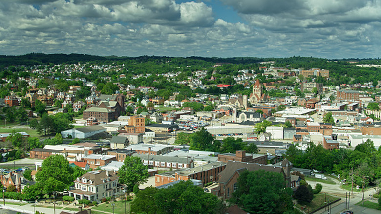 Aerial view of Uniontown with hills in the background in Fayette County, PA