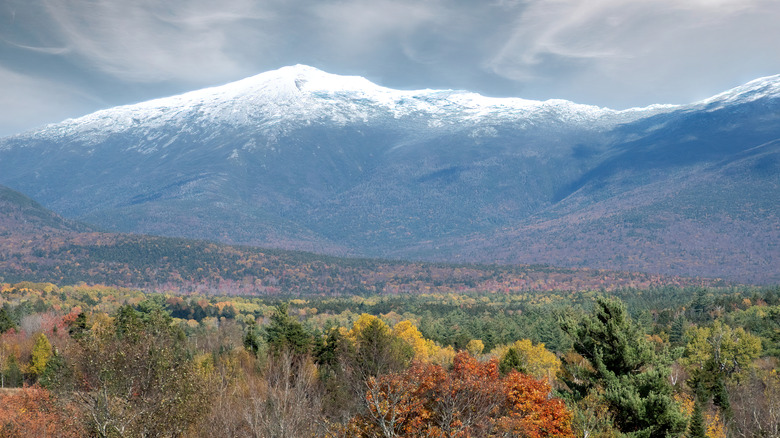 A snowcapped summit of Mount Washington and fall foliage in White Mountain National Forest, New Hampshire