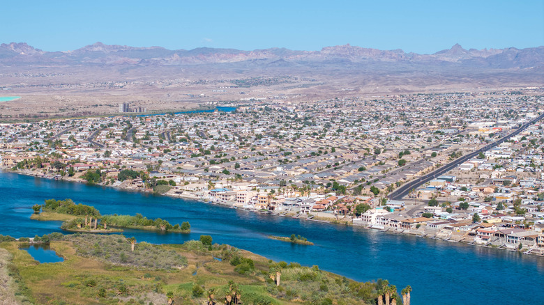 An aerial view of the Colroado River in Laughlin, Nevada