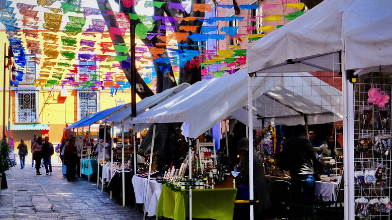 Markets with colorful decorations in Puebla, Mexico