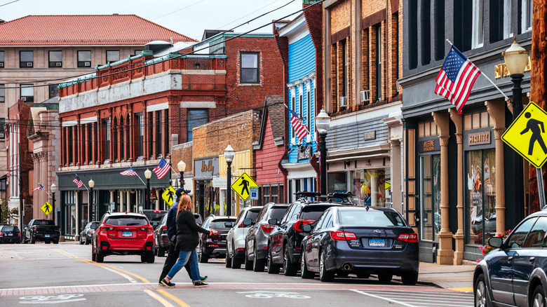 The brick buildings and colorful shops of High Street in the historic downtown of Westerly, Rhode Island