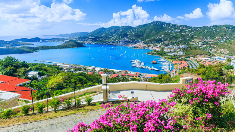 View of the bay and homes on the hills from a residential neighborhood in St. Thomas, US Virgin Islands