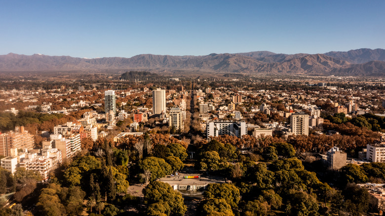 Aerial view of Mendoza, Argentina with Andes in distance