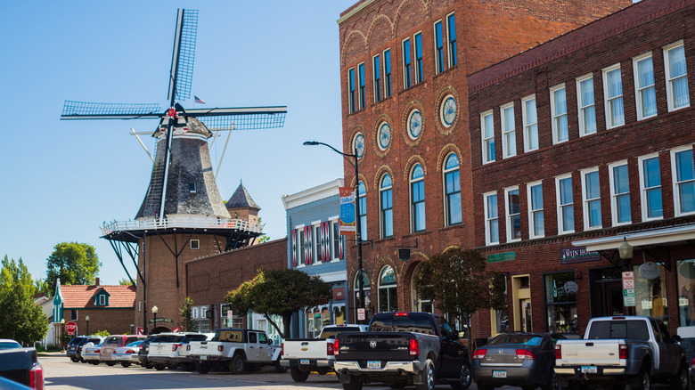 View of street and windmill in Pella, Iowa