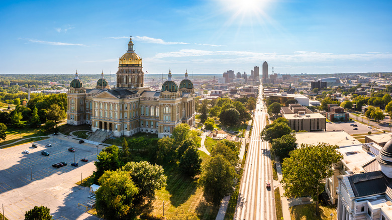 Iowa State Capitol building with view of Des Moines
