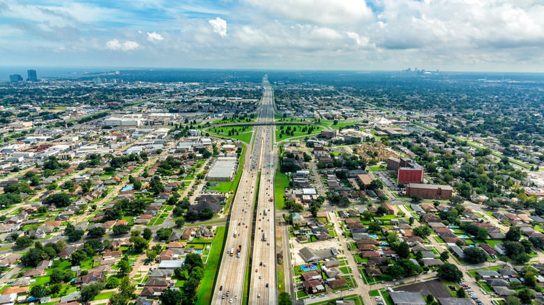 Aerial view of Metairie, which is bisected by the I-10, with New Orleans in the distance