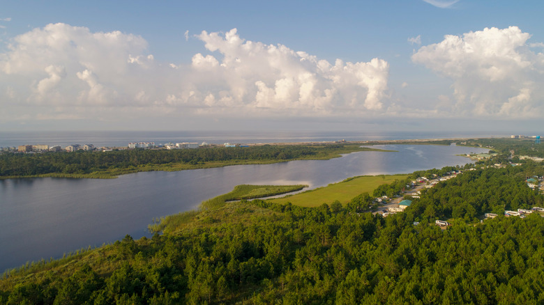 Trees and green stretches sloping into the gulf