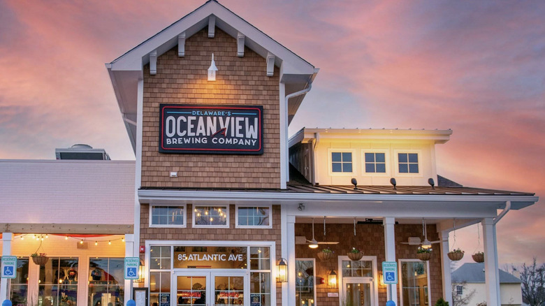 Ocean View Brewing Company with a sunset sky in the background