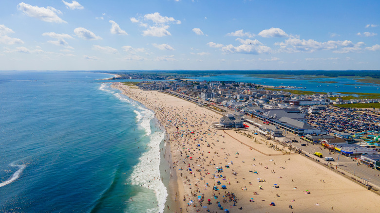 Hampton Beach aerial view including historic waterfront buildings on Ocean Boulevard