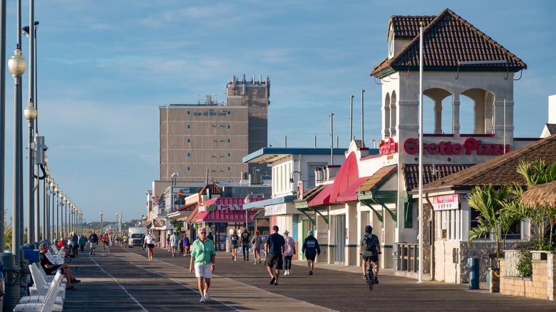 Hotels and shops along the boardwalk in Rehoboth Beach in Delaware