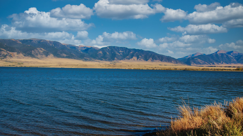 View across Ennis Lake to mountains in Montana