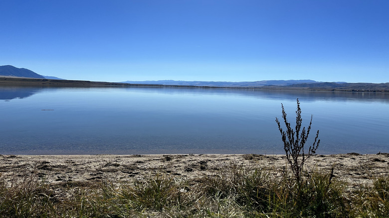 The sandy edge of Kobayashi Beach with a view across Ennis Lake in Montana