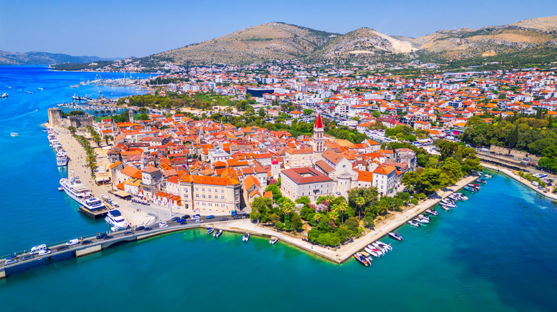Aerial drone view of Troiger Croatia and the Dalmatia coastline.