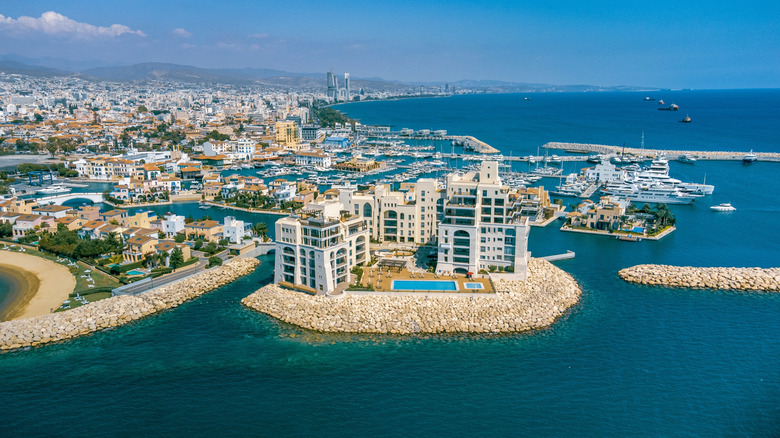 An aerial view of the turquoise water surrounding Limassol