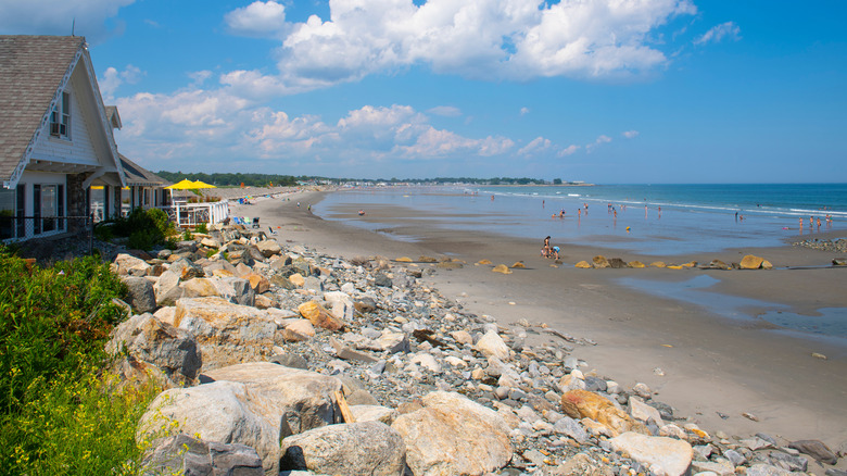 Long view of Jenness State Beach with people on the sands and distant houses and calm, blue water.