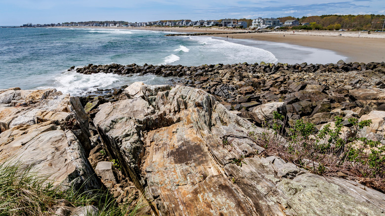 View of Jenness State Beach from a rocky headland showing its rolling waves, calm water, and soft sand.