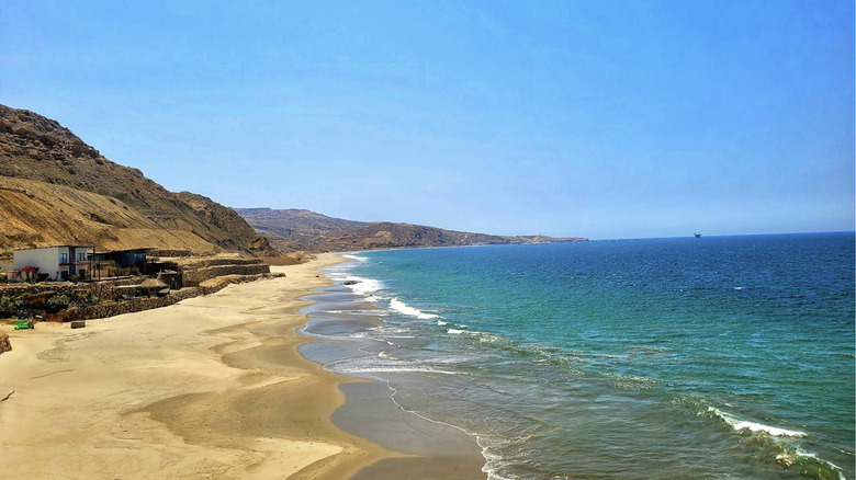 The calm water and sandy shore of Punta Veleros beach on a bright, clear day in Los Órganos, Peru