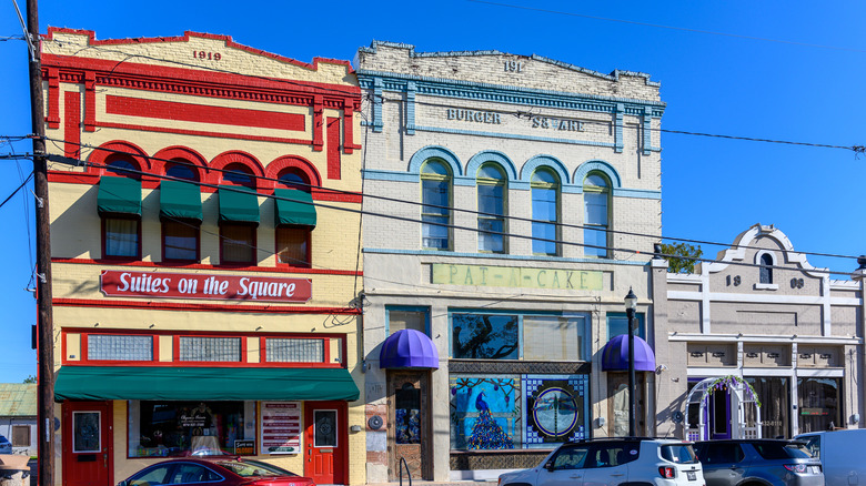 Colorful buildings in downtown Wharton, Texas.