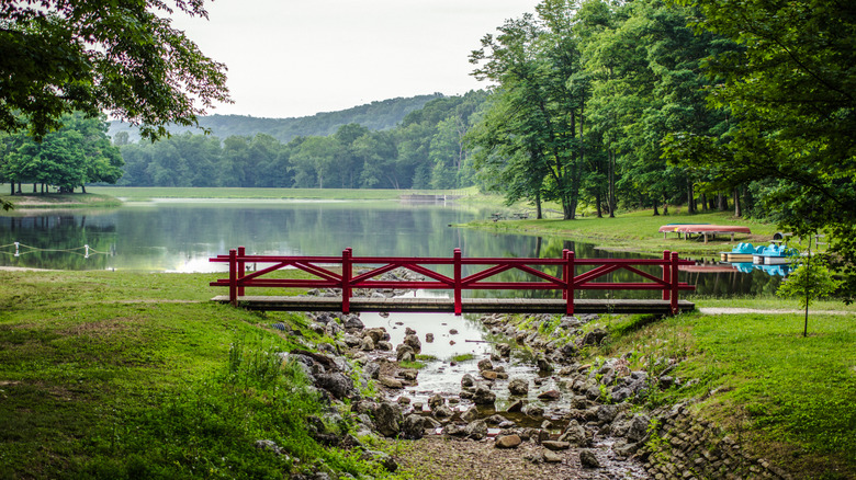 Bridge in front of the lake in the Appalachian foothills of Scioto Trail State Park in southeastern Ohio