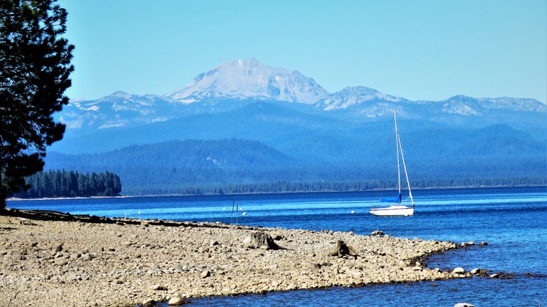 View from a beach at Lake Almanor with Lassen Peak in background