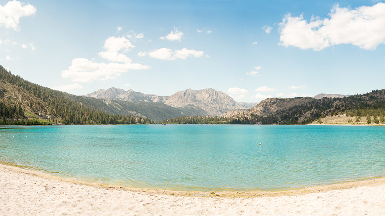 Sandy beach by the turquoise water of June Lake, California