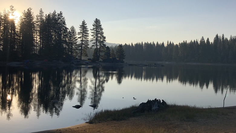 Peaceful view of Shaver Lake, California as the sun starts to set