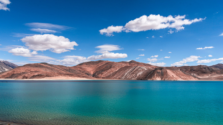 Pangong Lake's startlingly bright blue-green water against the backdrop of the Himalayas on a clear day